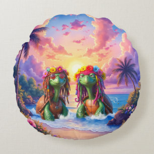 Cojín Redondo Tortugas Reggae – Vibraciones de Isla para Siempre
