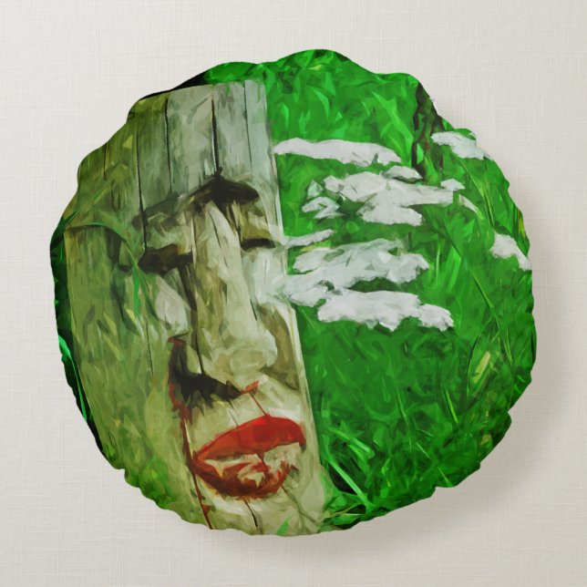 Cojín Redondo Tótem Indio Americano Rojo Entre Flores Silvestres (Reverso)