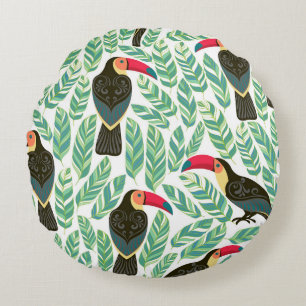Cojín Redondo Toucans, hojas tropicales, patrón decorativo.