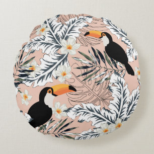 Cojín Redondo Toucans, Palmas, Plumeria: Tropical Rosa.