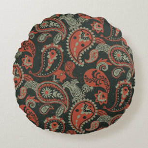 Cojín Redondo Tradicional Paisley Linocut Naranja cálido Mint Gr