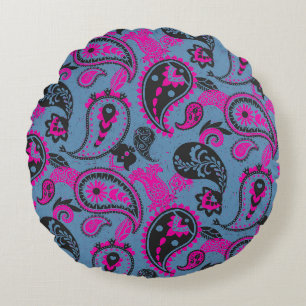Cojín Redondo Tradicional Paisley Linocut Vivid Pink Dusky Blue