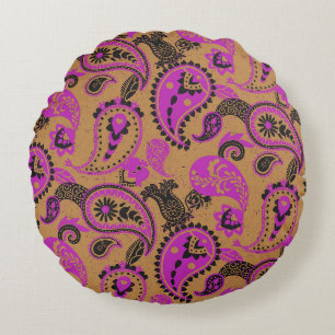 Cojín Redondo Tradicional Paisley Linocut Vivid Pink Mustard