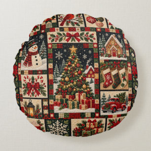 Cojín Redondo Traditional Christmas Patchwork Quilt Holiday Scen