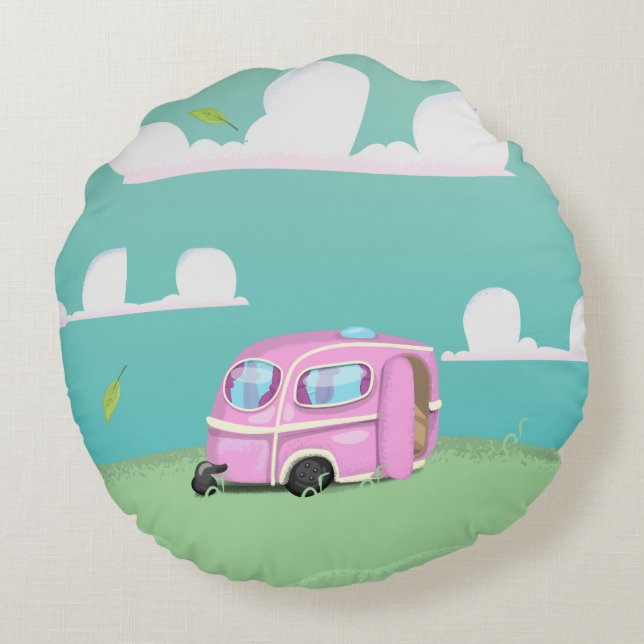 Cojín Redondo Trailer de caravana rosa (Reverso)