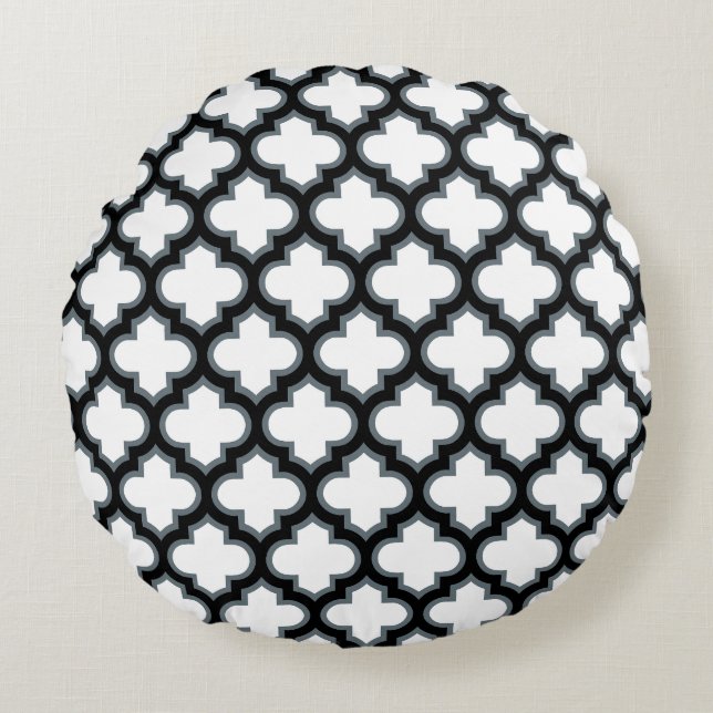 Cojín Redondo Trébol blanco y negro, Entramado, Quatrefoil (Anverso)