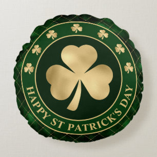 Cojín Redondo Trébol de trébol de oro verde día de San Patricio