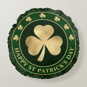 Cojín Redondo Trébol de trébol verde y dorado Día de San Patrici