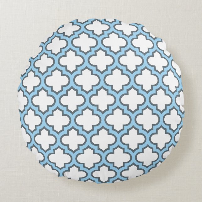 Cojín Redondo Trellis azul blanco y bebé, Entramado, Quatrefoil (Anverso)