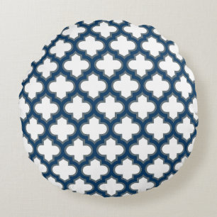 Cojín Redondo Trellis azul blanco y naval, Entramado, Quatrefoil
