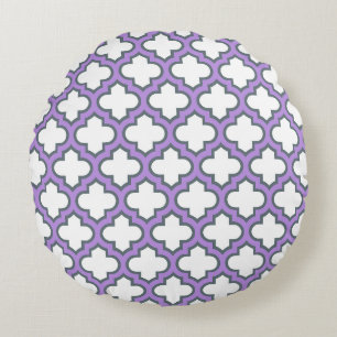 Cojín Redondo Trellis blanca y púrpura, Entramado, Quatrefoil