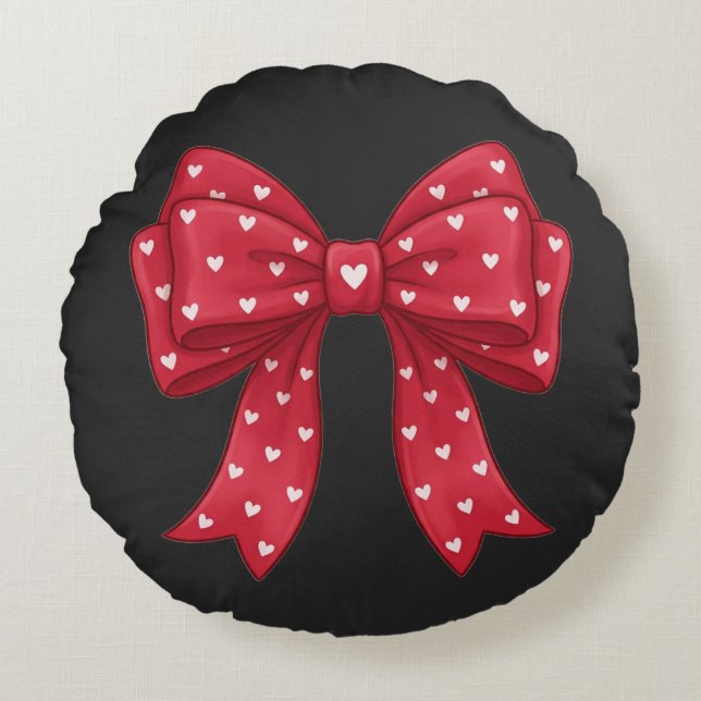 Cojín Redondo Trendy Coquette Red Ribbon Bow with White Hearts (Anverso)
