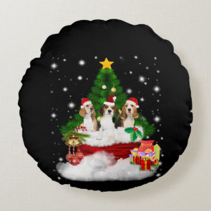 Cojín Redondo Tres Beagles Santa Claus con árbol de Navidad