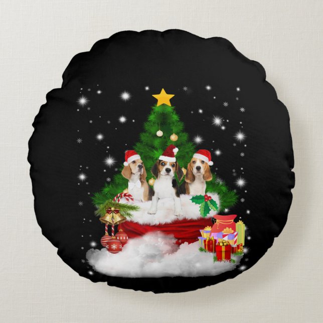 Cojín Redondo Tres Beagles Santa Claus con árbol de Navidad (Anverso)