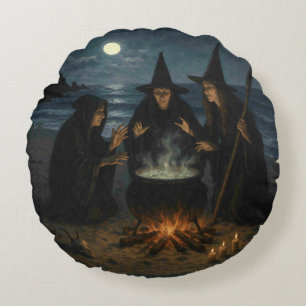 Cojín Redondo Tres Brujas Caldero Cerveza Luna Llena Playa
