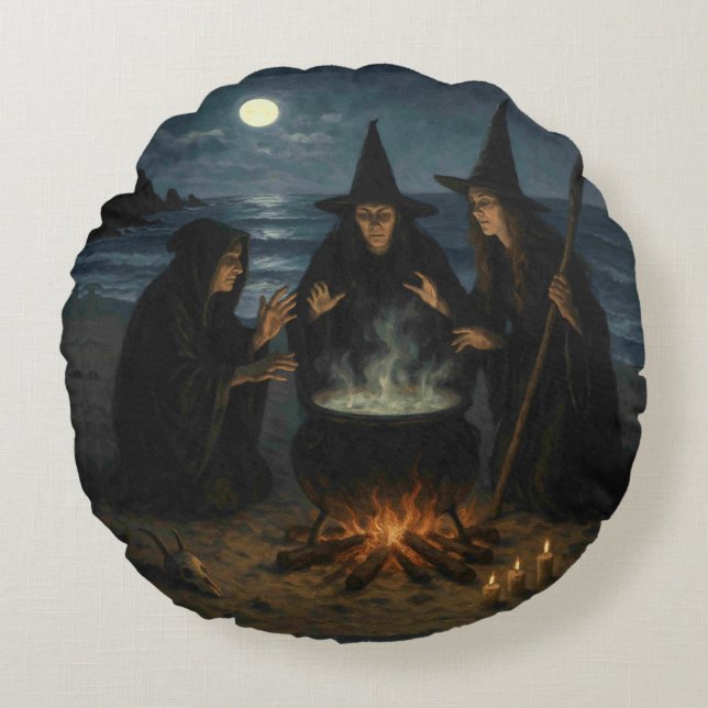 Cojín Redondo Tres brujas producen Cauldron Full Moon Beach (Anverso)