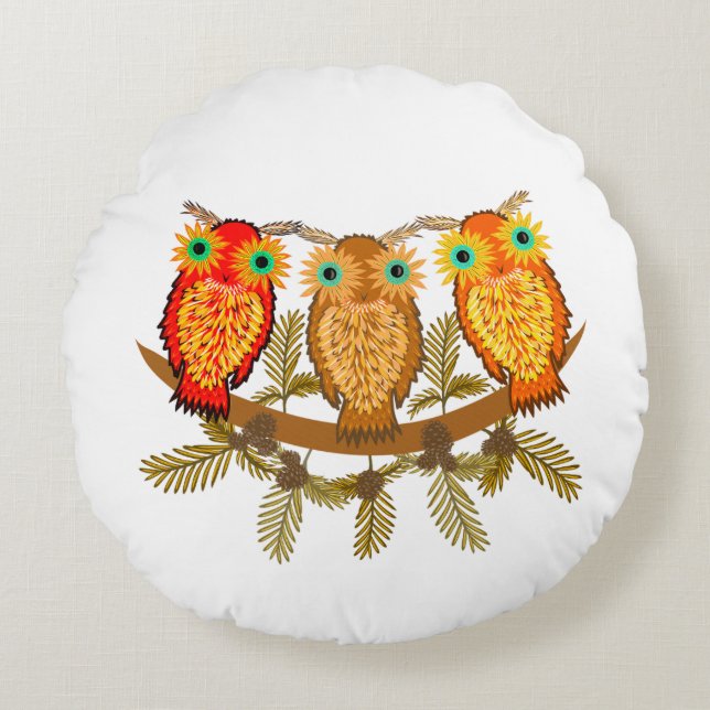 Cojín Redondo Tres lindos búhos (Anverso)