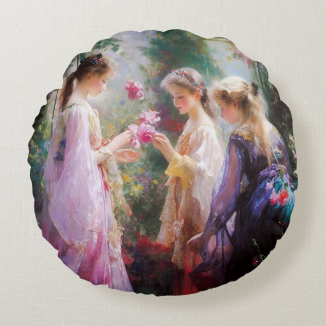 Cojín Redondo Tres niñas jugando en un jardín  (Anverso)