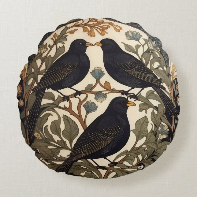 Cojín Redondo Tres pájaros negros inspirados por William Morris (Anverso)