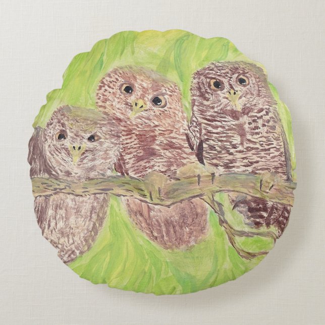 Cojín Redondo Tres pequeñas lechuzas de cobardía - pintura acríl (Anverso)