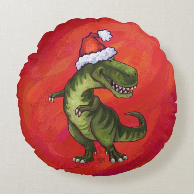 Cojín Redondo TRex Dino en Santa Hat en Red (Anverso)