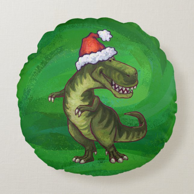 Cojín Redondo TRex en Santa Hat en Green (Anverso)