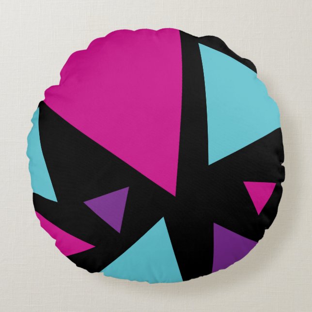 Cojín Redondo Triángulos en rosa, púrpura, azul y negro (Anverso)