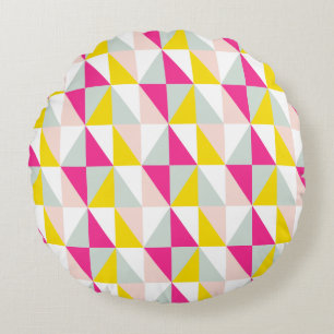 Cojín Redondo Triángulos geométricos rosados y modelo amarillo