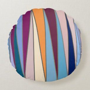 Cojín Redondo Triángulos modernos de medio siglo, azul, púrpura