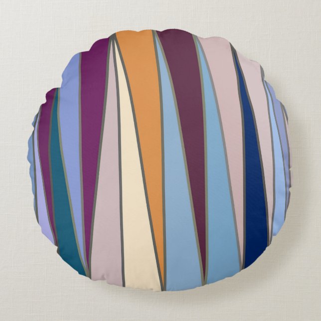 Cojín Redondo Triángulos modernos de medio siglo, azul, púrpura  (Anverso)