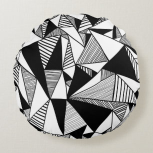 Cojín Redondo Triángulos mosaicos, textura blanca negra.