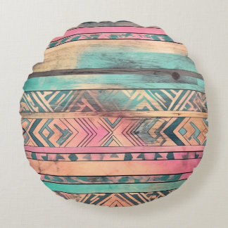 Cojín Redondo Tribal Azteca, Azul Y Rosa Del Sudoeste