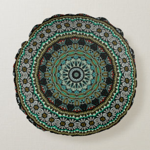 Cojín Redondo Tribal Boho floral verde Mandala
