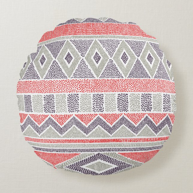 Cojín Redondo Tribal de etnia rayada: cosecha artesanal (Anverso)
