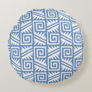 Cojín Redondo Tribal de Ikat Aztec - azul cielo y blanco