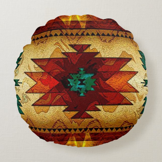 Cojín Redondo Tribal del Sudoeste de Estados Unidos Nativo (Anverso)