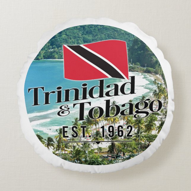 Cojín Redondo "Trinidad y Tobago Este. Playa Con Bandera De 1962 (Anverso)