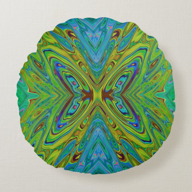 Cojín Redondo Trippy Chartreuse y Blue Abstract Butterfly (Anverso)