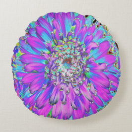 Cojín Redondo Trippy Resumen Aqua, Lime Green y Purple Dahlia