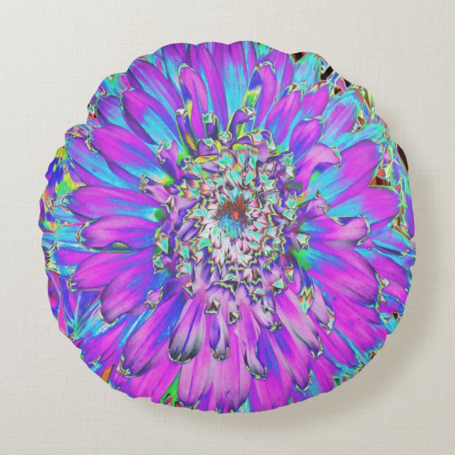 Cojín Redondo Trippy Resumen Aqua, Lime Green y Purple Dahlia (Anverso)