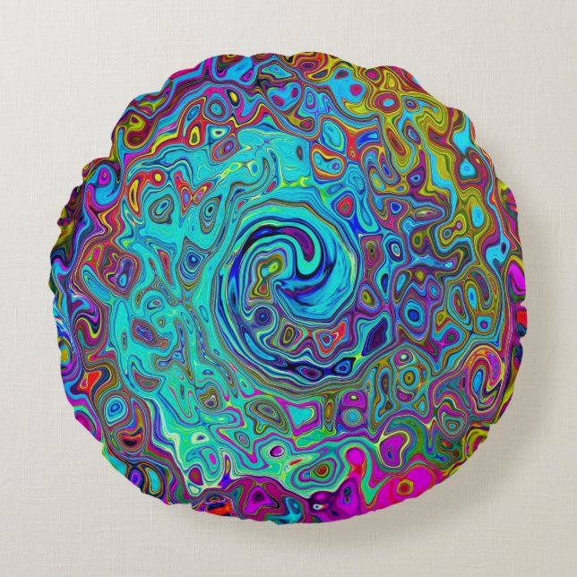 Cojín Redondo Trippy Sky Blue Abstract Retro Liquid Swirl (Anverso)