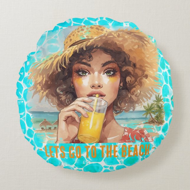 Cojín Redondo Tropical Beach, Lets Go to The Beach (Anverso)