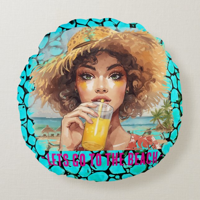Cojín Redondo Tropical Beach, Lets Go to The Beach, Black Turquo (Anverso)