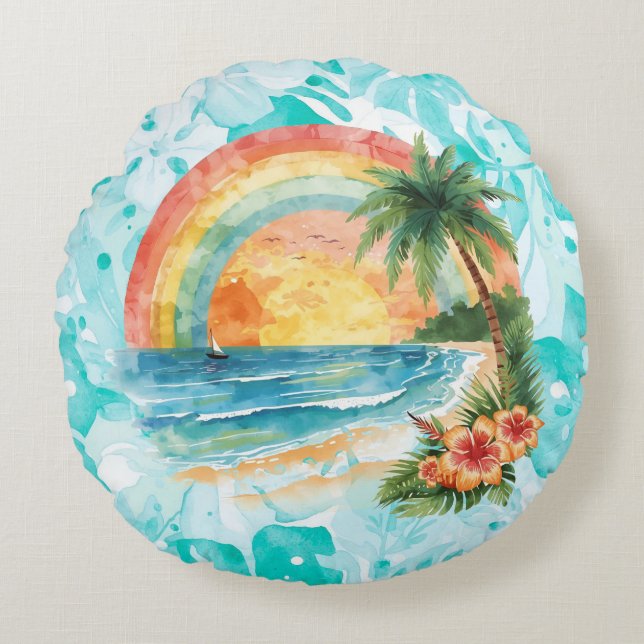 Cojín Redondo Tropical Beach Sunset with turquoise Background (Anverso)