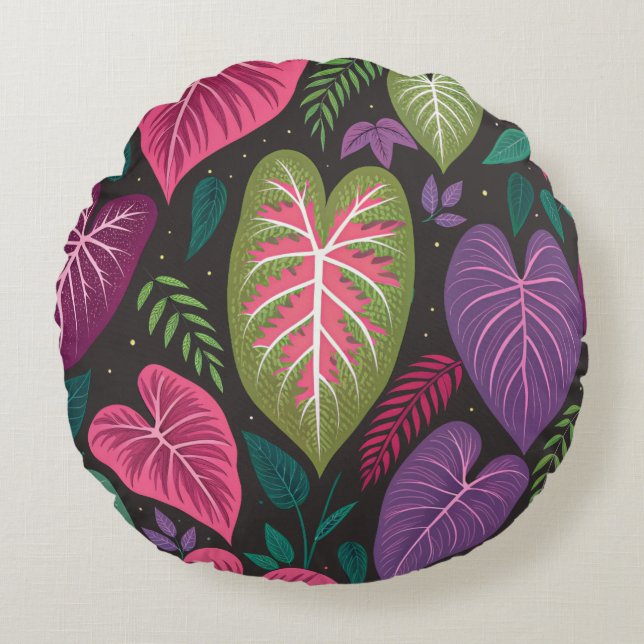 Cojín Redondo Tropical Caladium Round Pillow – Purple & Green Bo (Anverso)