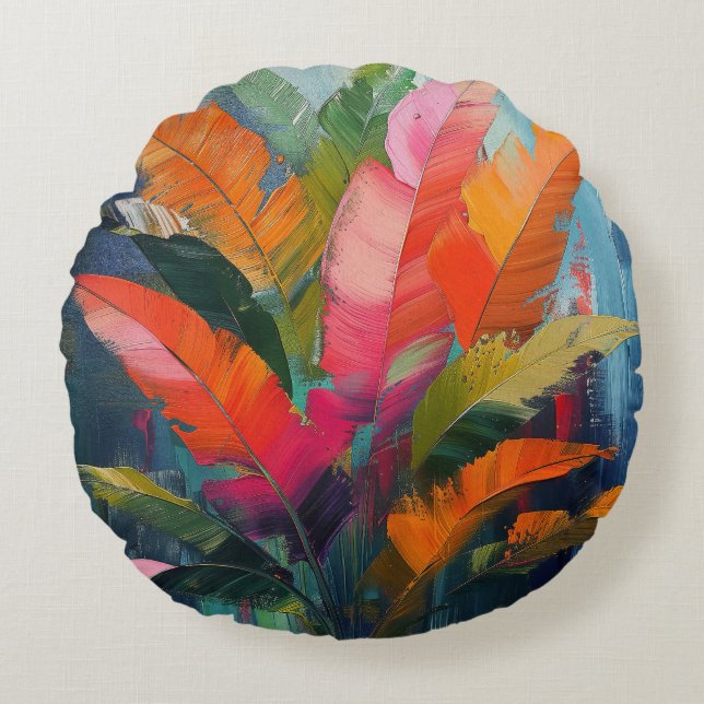 Cojín Redondo Tropical Feathers – Vibrant Botanical Abstraction (Anverso)