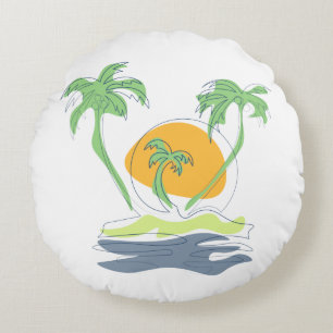 Cojín Redondo Tropical island beach scenery. Outline palm tree 