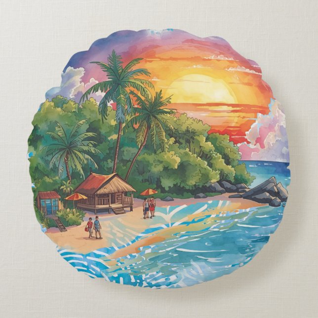Cojín Redondo Tropical Island, Sunset, Beach (Anverso)