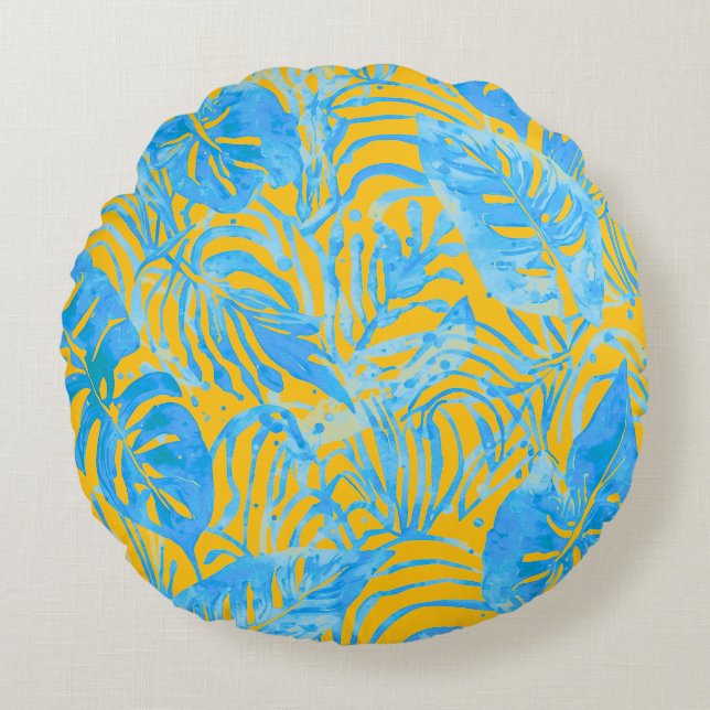 Cojín Redondo Tropical Leaves, Blue Yellow (Anverso)