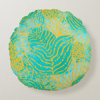 Cojín Redondo Tropical Leaves Pattern Yellow green turquoise